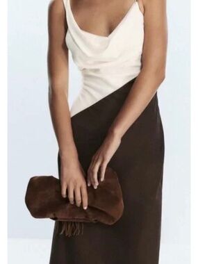Zara Contrast Midi Dress Asymmetrical Strap  Ecru Brown Size Small